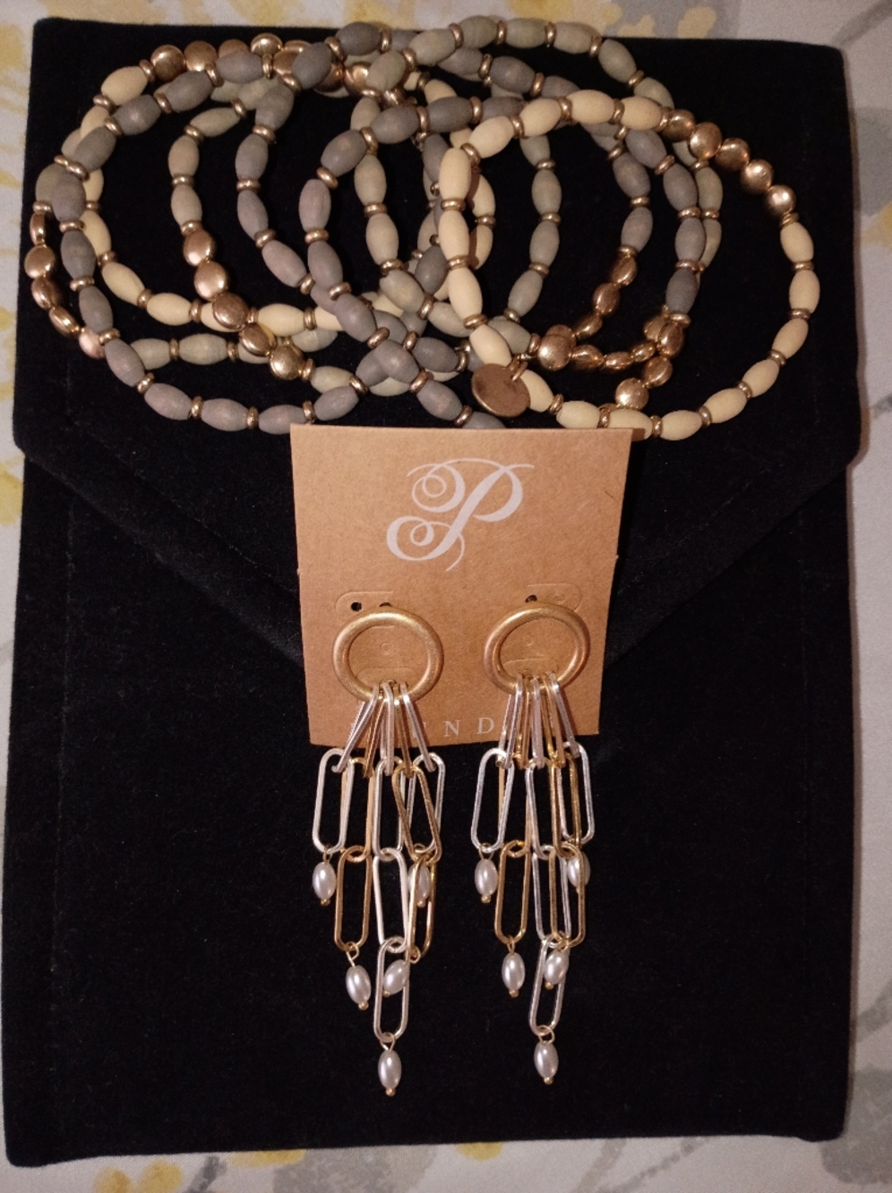 Gold Tone and Faux pearl Multi-Chain Dangle Earrings & Bracelets Set